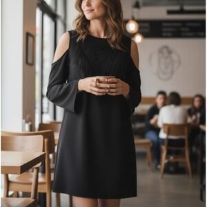 Kobi Halperin Cold Shoulder Dress Floral Lace Bell Sleeve Minimalist Black Large